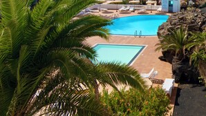 A pool area with a view of the sea, surrounded by palm trees and lounge chairs.