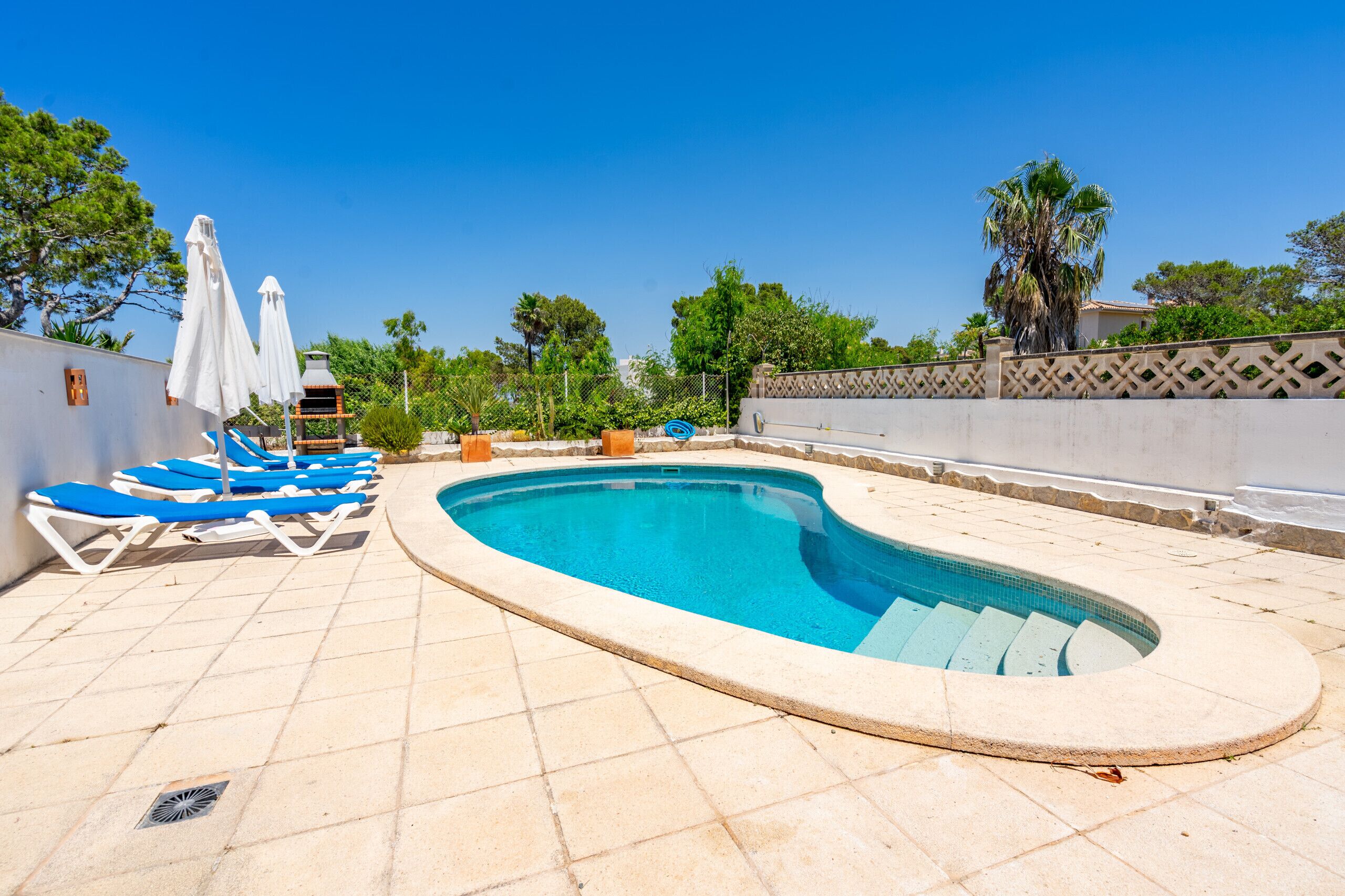 Piscina con sillas reclinables azules y sombrillas, rodeada por una cerca y árboles.