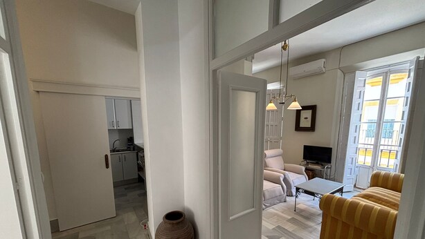 A spacious living area with a sofa, a coffee table, and a TV. There is a kitchen in the background with cabinets and a sink. A large vase is placed on the floor. - Charming apartment in the Old Town of Seville, next to Santa Cruz. (Sevilla)