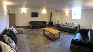 Smart TV, fireplace, DVD player, books