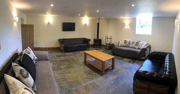 Smart TV, fireplace, DVD player, books