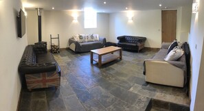 TV connectée, cheminée, lecteur de DVD, livres