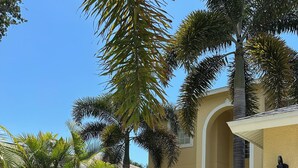 Ein gepflegter Garten mit Palmen, einem Weg und einem Gebäude mit gelbem Anstrich und Rundbogenfenstern.