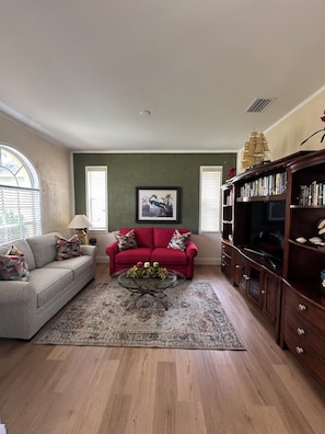 Smart TV, DVD player, books, video library