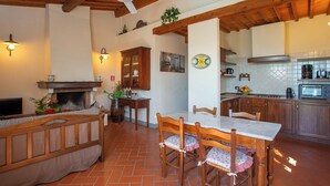 A cozy kitchen with wooden cabinets, a dining table, and a fireplace.