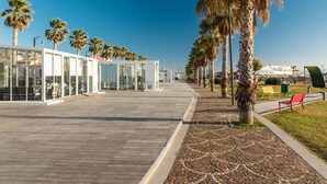 Une promenade en bord de mer bordée de palmiers, un bâtiment en verre et un ciel dégagé.