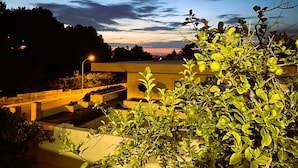 A courtyard with a modern building, a street lamp, and a view of the sky at dusk.