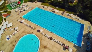 Ein großer Schwimmteich mit mehreren Bahnen und einem separaten, kleineren Beckenbereich.