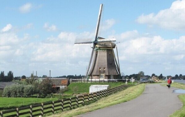 A windmill with a pathway leading to it, surrounded by greenery and a clear sky. - Beautiful, country style cottage near the windmill, polder and windmill view (Alphen aan den Rijn)