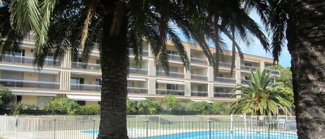 A pool area surrounded by palm trees and a multi-story building with balconies.