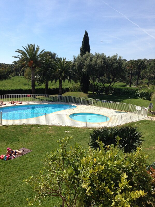Une piscine entourée d’une clôture blanche, avec une pelouse au premier plan et des arbres en arrière-plan.