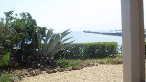 Une terrasse avec vue sur la mer, un grand agave et une bordure en pierre.
