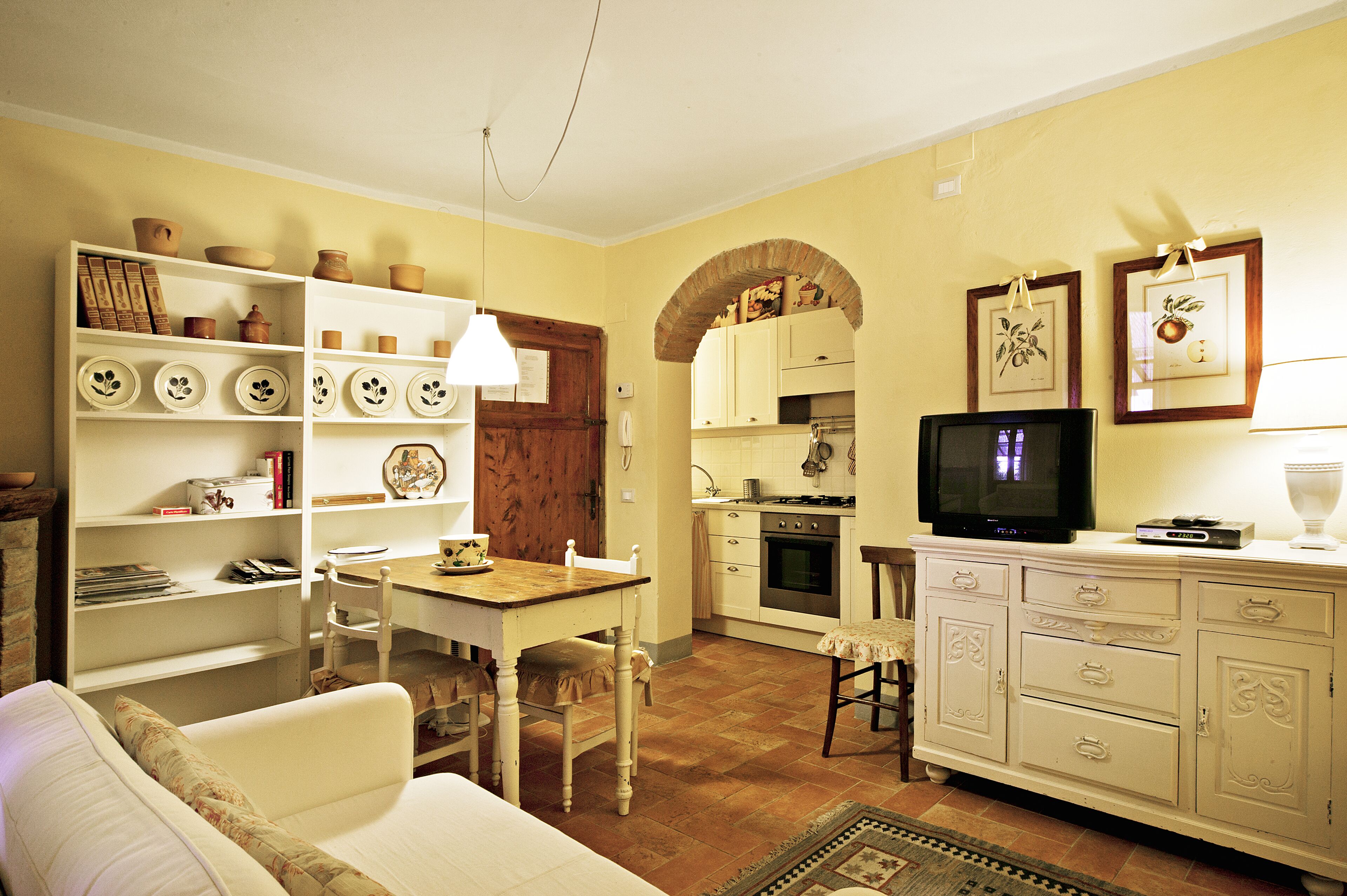 Televisión, chimenea, reproductor de DVD y libros 