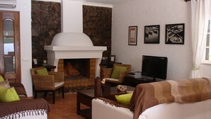 A living room with a fireplace, wicker furniture, a television, and artwork on the wall.
