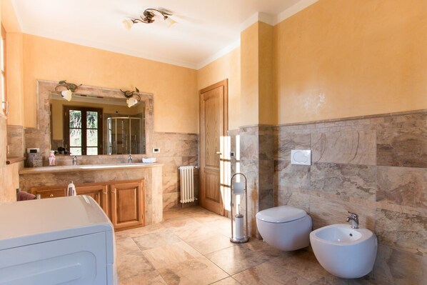 Regadera, secadora de cabello, bidet, toallas 