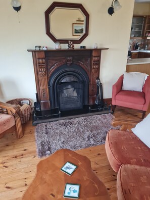 Smart TV, fireplace, DVD player, books