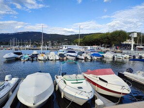 A marina with various boats docked, a clear sky, and a mountainous backdrop.
