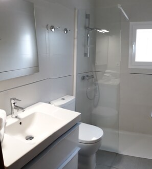 Regadera, secadora de cabello, toallas, papel de baño