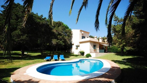 Una piscina con borde de baldosas, rodeada de césped y árboles.