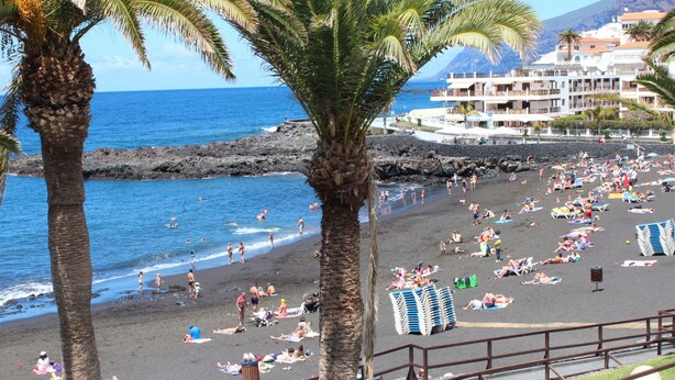 A beach with palm trees, a rocky shoreline, and a building with balconies overlooking the sea. - Tenerife, La Arena Beach 300 m away, free Wi-Fi, community pool (Santiago del Teide)