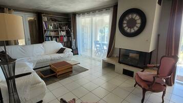 Televisión, chimenea, reproductor de DVD y libros