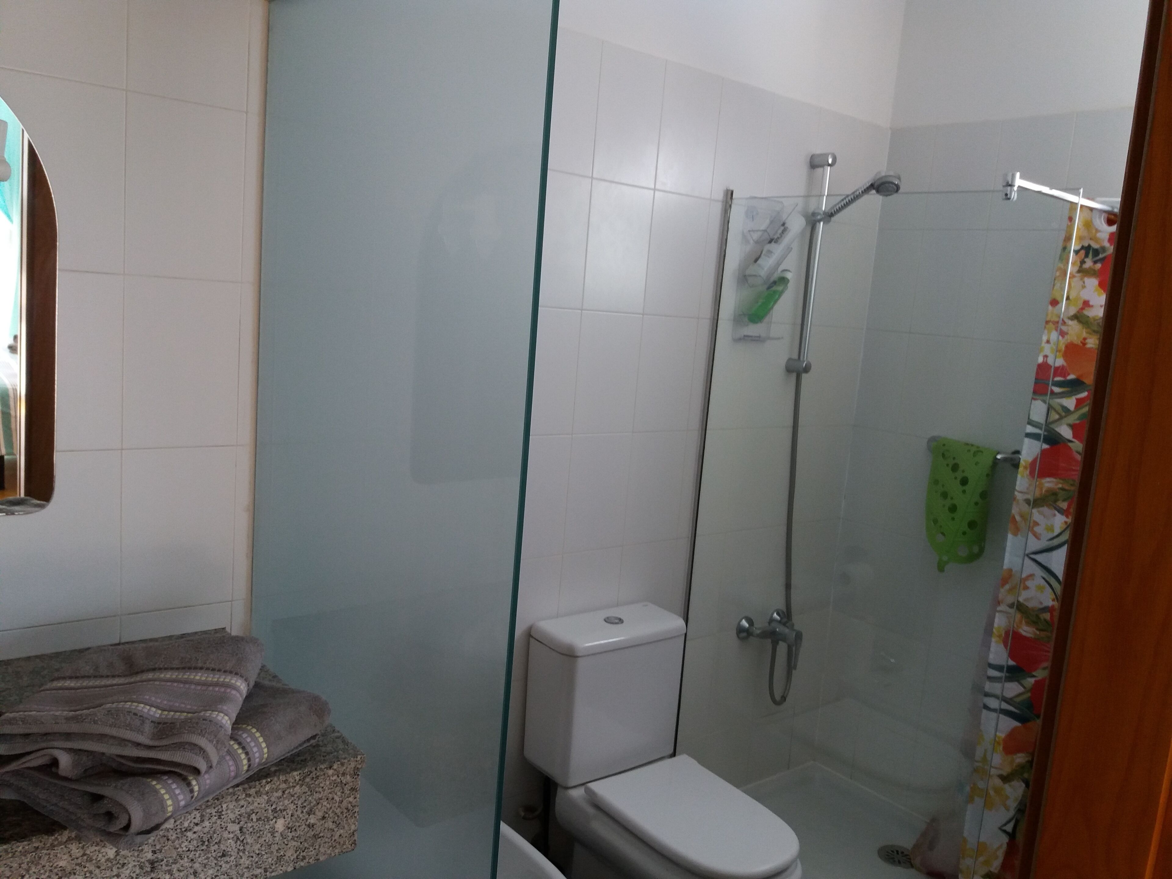 A bathroom with a glass-enclosed shower, a toilet, and a towel rack with folded towels.