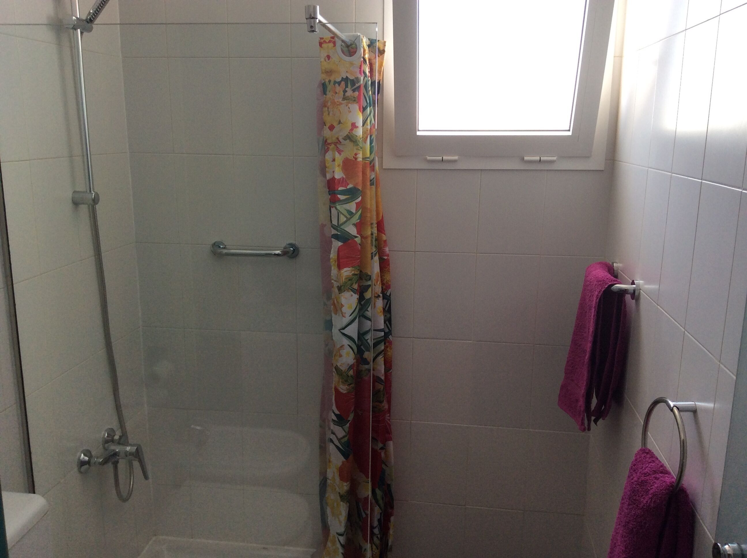 A bathroom with a shower, a toilet, a window, and a towel rack.