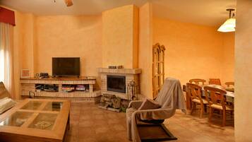 Una televisión, una chimenea, videojuegos, un reproductor de DVD