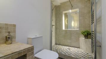 Douche, séchoir à cheveux, serviettes fournies, savon