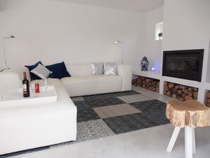 TV connectée, cheminée, livres, chaßne hi-fi