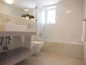 Combined shower/tub, hair dryer, towels, soap