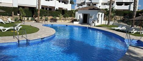 A swimming pool with a curved design, surrounded by lounge chairs and palm trees.