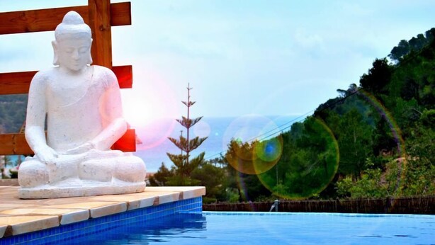 A Buddha statue on a wooden platform by a pool with a clear view of the surrounding greenery.