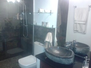 Hair dryer, towels, soap, toilet paper