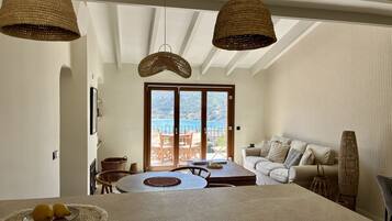 Smart TV, fireplace, books, music library