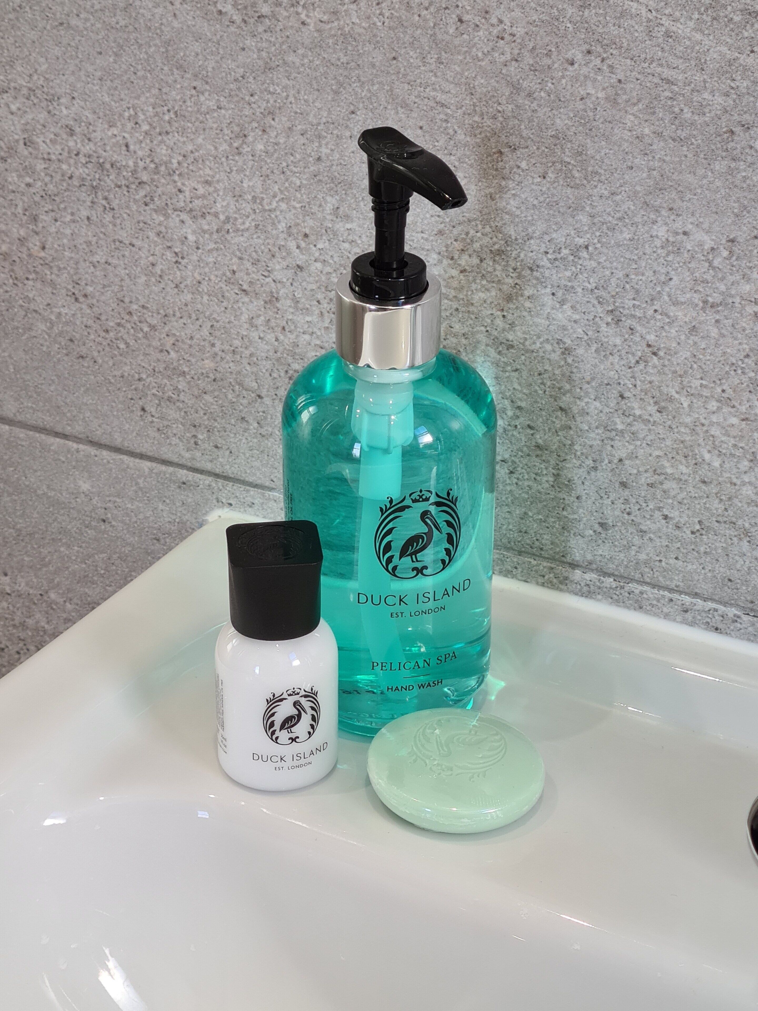 Un lavabo de salle de bain avec un flacon de savon pour les mains de la marque Duck Island, un flacon-pompe et un pain de savon.