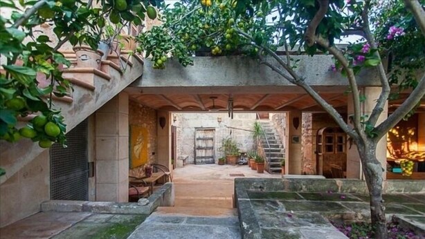 A courtyard with a stone staircase leading to a wooden door, surrounded by potted plants and a tree. - Casa Anita - Village House With Charming (Ses salines)