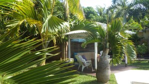A covered outdoor seating area with a palm tree and a white chair.