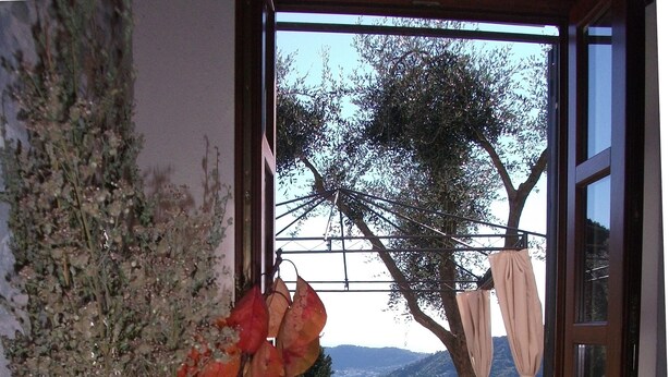A doorway leading to an outdoor area with a view of trees and mountains. - Elegant escape sea view private pool & gardens perfect starting point MTB&hiking (Alassio)
