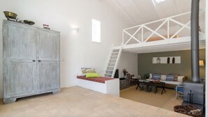 Ein geräumiges Loft mit hohen Decken, einem Schlafsofa, einem Kamin und einem großen Kleiderschrank.