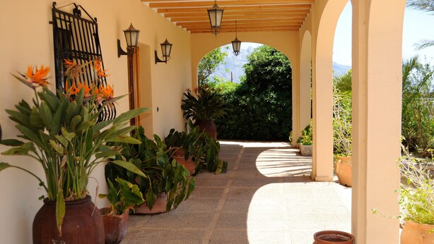 A covered outdoor corridor with potted plants, a wrought iron gate, and a view of greenery in the distance.