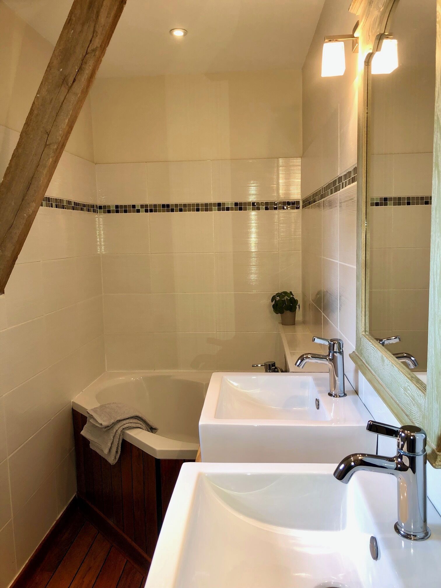 A bathroom with a bathtub, two sinks, a mirror, and a small plant.