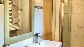 Combined shower/bathtub, hair dryer, toilet paper