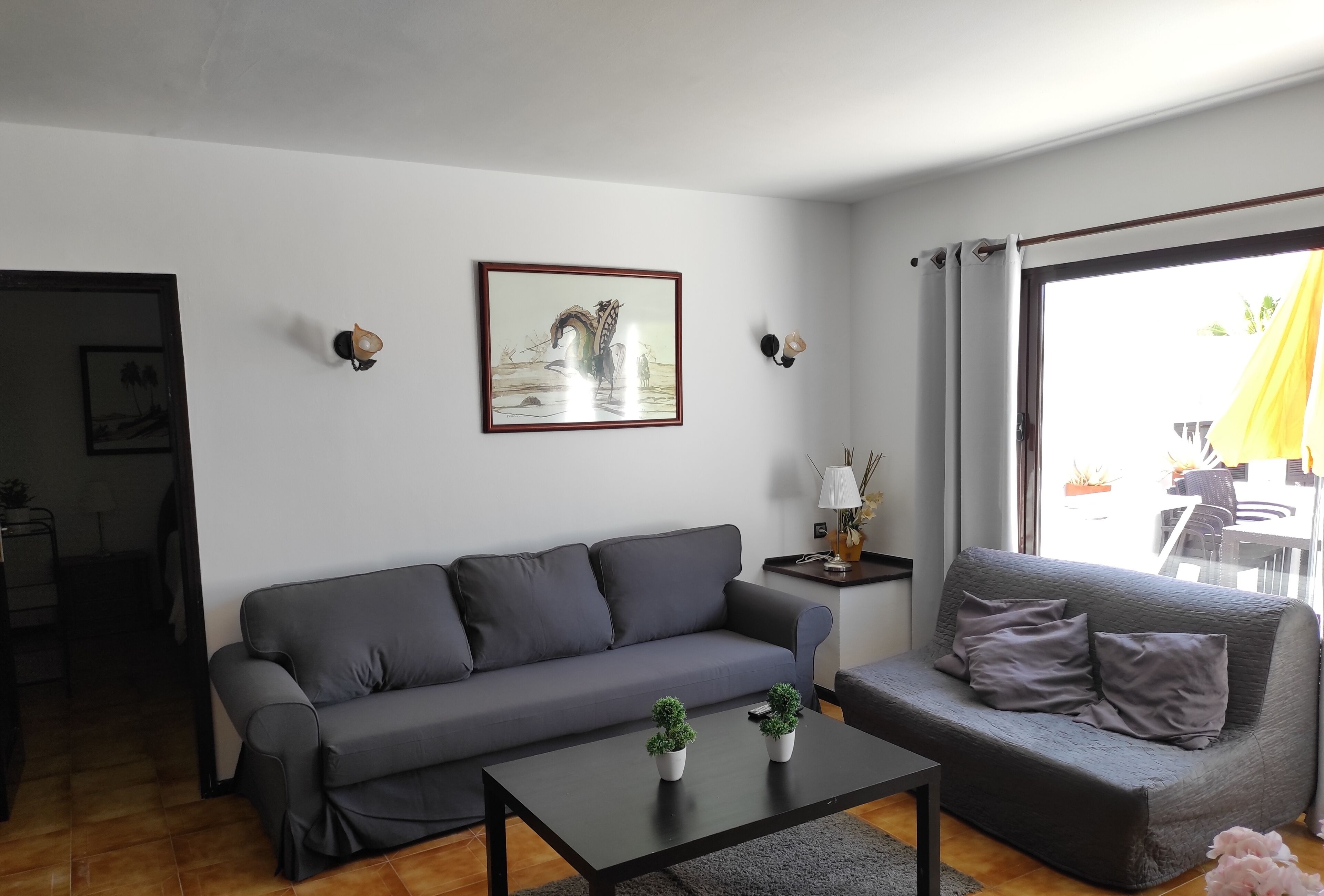 A modern living room with a grey sofa, a coffee table with two potted plants, a framed picture on the wall, and a large window with curtains.