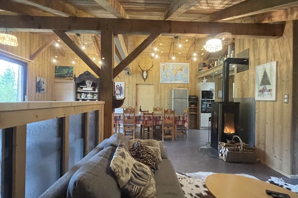 Télévision, cheminée, lecteur de DVD, livres