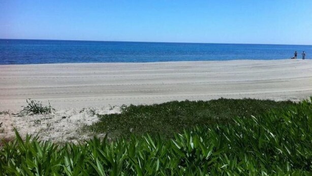 A beach with a clear sky and calm sea.