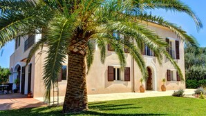 A two-story building with a stucco exterior, arched windows, and a palm tree in the foreground. - VILLA GATONA, our most popular luxury Villa - modern and impressive pool & Villa (Felanitx)