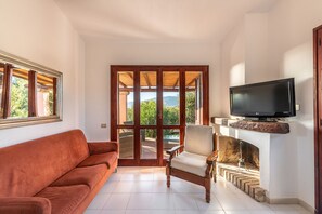 Una televisión, una chimenea