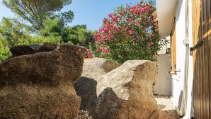 Eine Steinsäule, große Felsen und ein blühender rosa Busch in einem Innenhof.