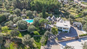 An aerial view of a property with a swimming pool, a large house with a unique architectural style, and surrounding greenery.